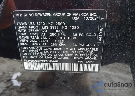 2025 Volkswagen Atlas 2.0T Se W/Technology z USA, uszkodzony, nr VIN 1V2WR2CA2SC510446